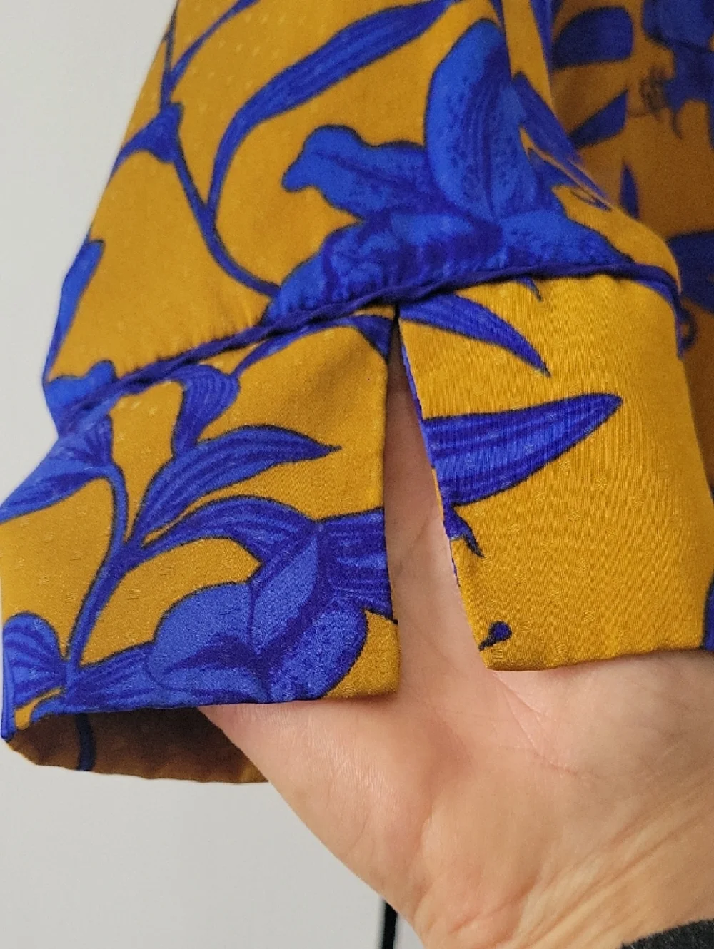 H&M Mustard Yellow Button-Down Blouse with Cobalt Blue Floral Print - Picture 3 of 4